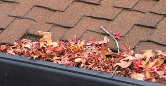 A section of gutters on a residential property overflowing with leaves and in need of gutter cleaning in Vancouver, WA.