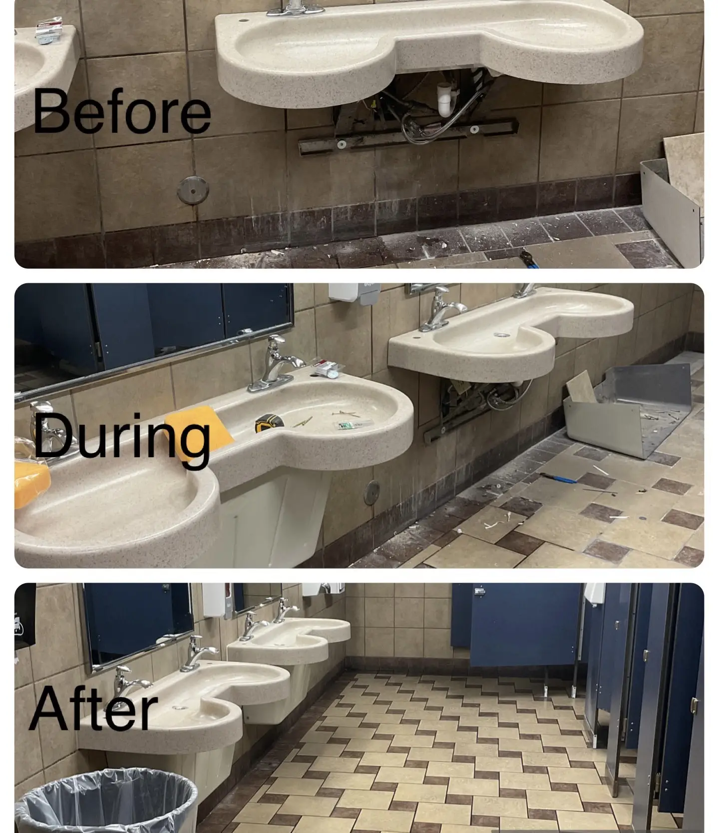 A commercial restroom with a damaged sink before, during, and after the sink has been fixed by Mr. Handyman.