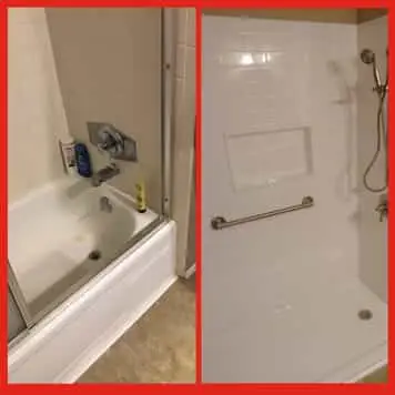 Before and after images of a bathroom remodel in Wichita, KS completed by Mr. Handyman.