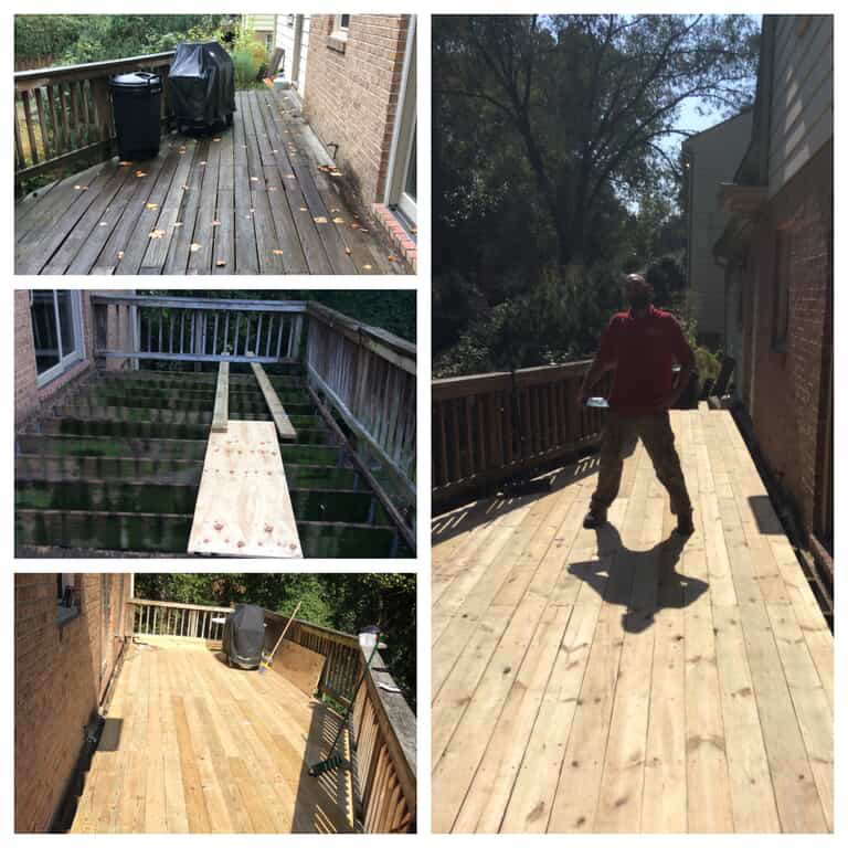 A wooden deck in multiple stages of having each of its boards replaced during an appointment for deck maintenance in Northern Virginia.