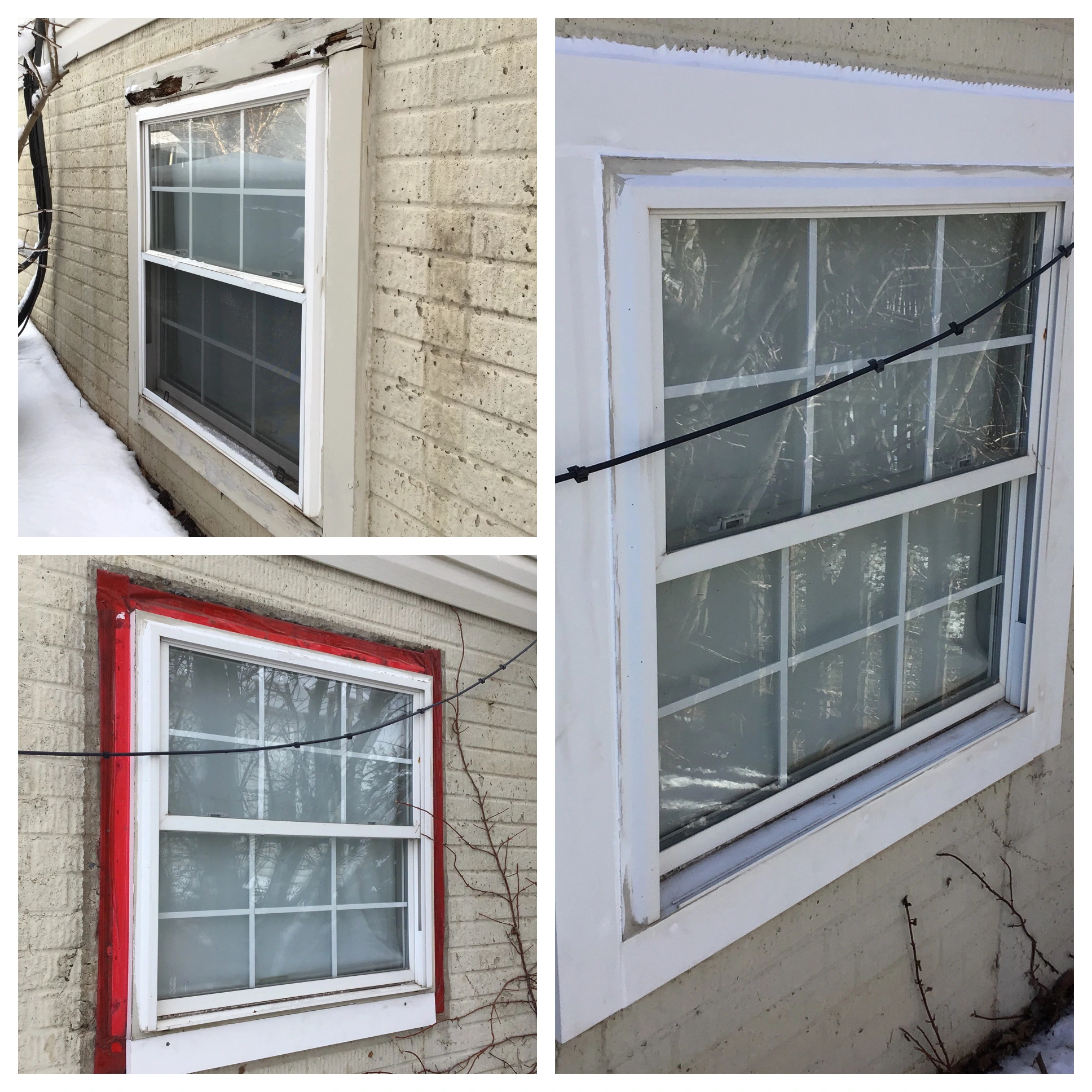 A window on the outside of a home before and after the frame surrounding it has been replaced by Mr. Handyman.