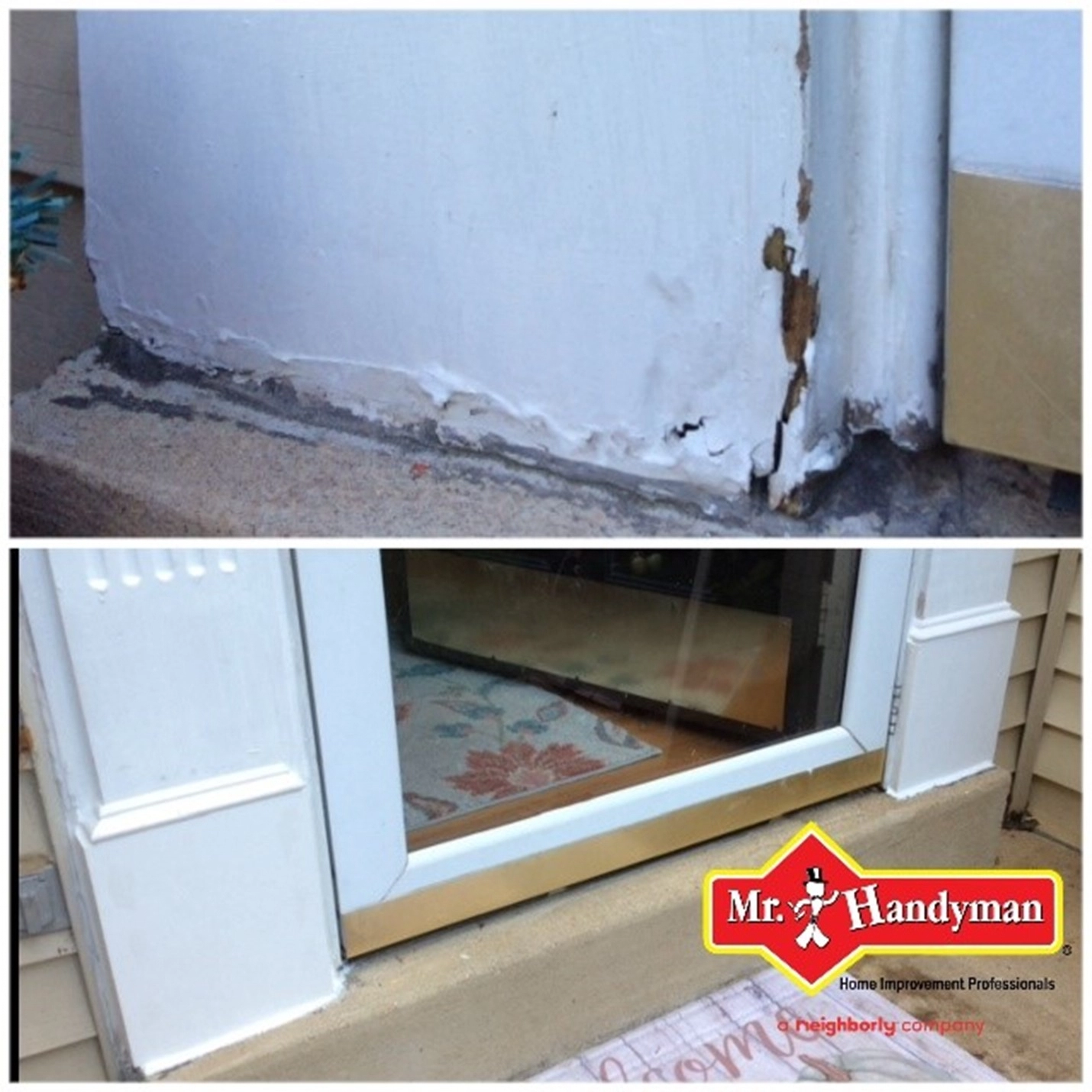 The bottom of a rotted door frame before and after it has been repaired by Mr. Handyman.