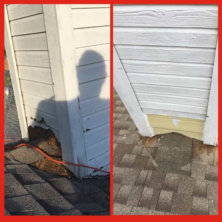 The exterior of a chimney with broken siding before and after the siding damage has been repaired by Mr. Handyman.