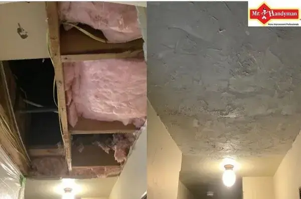 Before and after pictures of textured ceiling drywall repairs in North Oklahoma City.