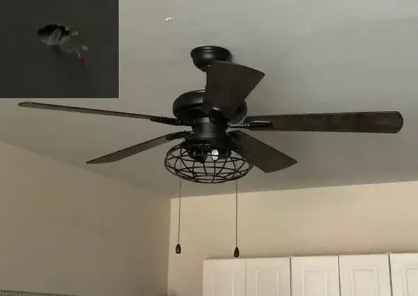 Before and after photo showcasing a ceiling fan installation in North Oklahoma City performed by a handyman.