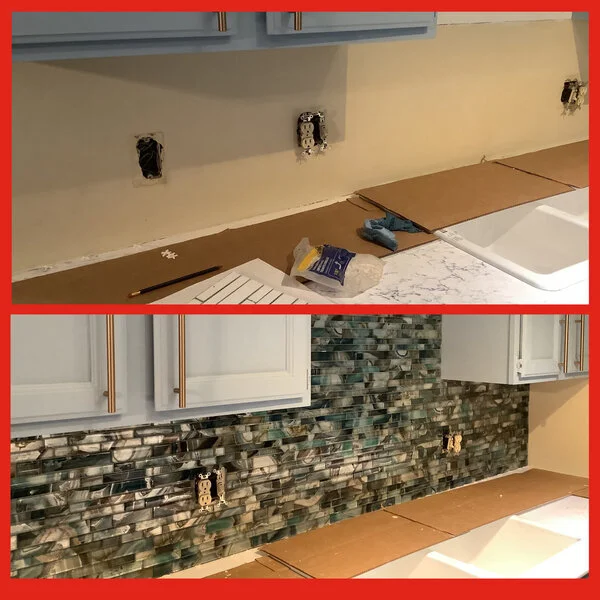 Before and after images of a bare wall underneath a row of kitchen cabinets and the same wall after a new tile backsplash has been installed by Mr. Handyman.