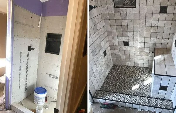 A residential shower before and after Mr. Handyman has completed tile installation in Knoxville, TN.