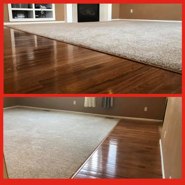 Two points of view for a section of hardwood flooring in a home’s living room that has received flooring repairs from Mr. Handyman.