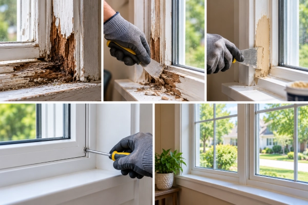 Close-up of a wooden window frames showing damage and results.