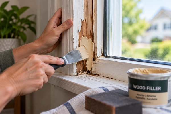 Professional applying wood filler to repair a damaged and rotted wooden window frame.