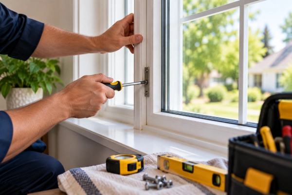 Professional using a screwdriver to repair hardware on a residential window frame.