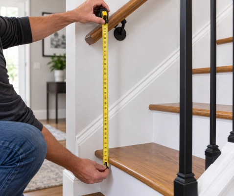 Correct method for measuring stair handrail height from tread nosing with tape measure vertically.