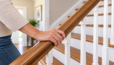 Homeowner's hand gripping residential stair handrail at proper height for safety and support.