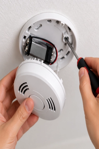 Hands repairing a ceiling-mounted smoke alarm with a screwdriver.