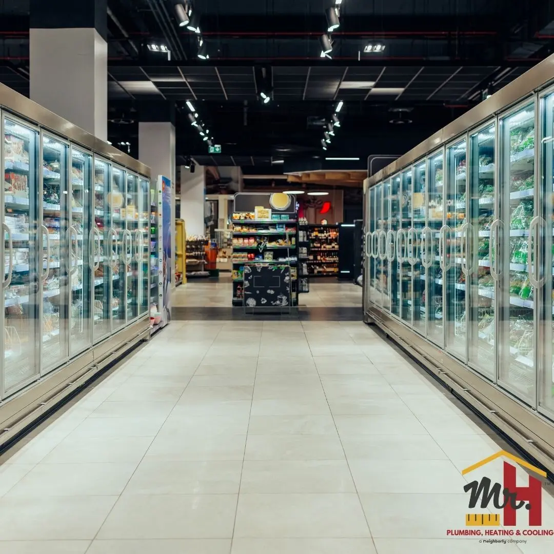 commercial grocery refrigeration aisle.