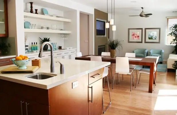 A kitchen and dining room in a home.