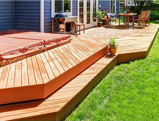 wooden patio and backyard