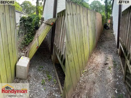 Broken fence professionally repaired by Mr. Handyman in Murfreesboro and Smyrna, restoring full structure and privacy