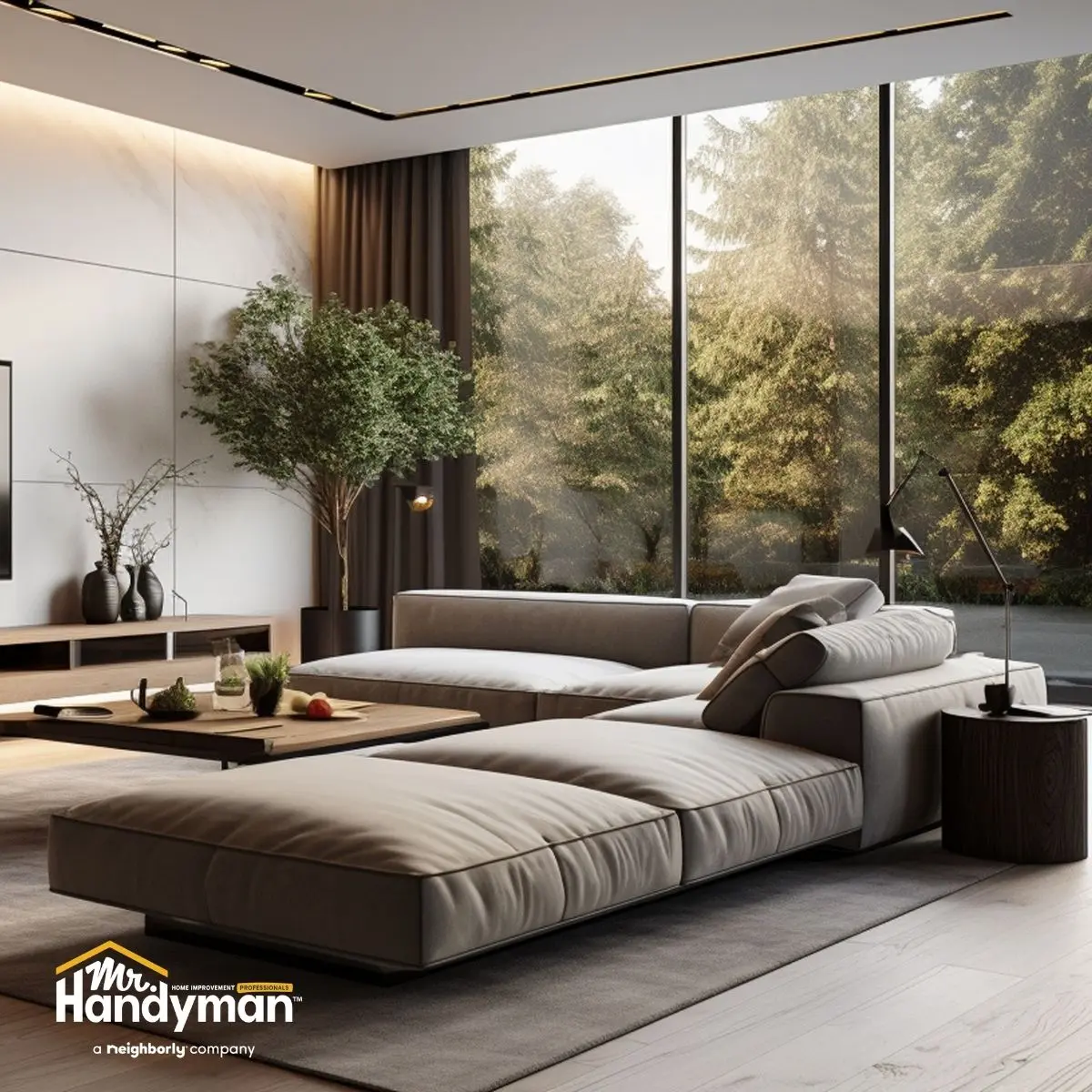 A living room with interior glass.