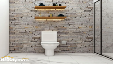 Bathroom storage shelving.