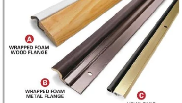 Different weather stripping seal strips for doors, including a wrapped foam wood flange and a wrapped foam metal flange.