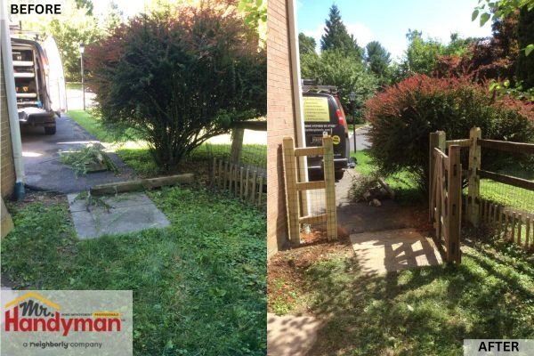 Before and after vinyl fence repair by Mr. Handyman of Northern St Joseph and Elkhart Counties