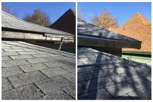 A damaged roofline without gutters and the same roofline with new fascia board and new gutters.