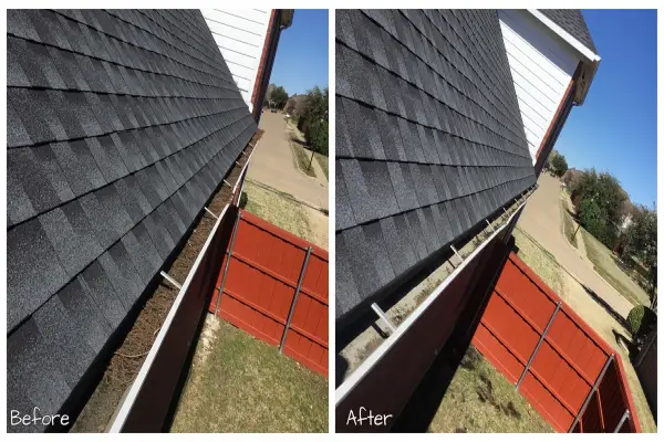 The gutters on a home’s roof before and after they have been cleaned by Mr. Handyman.