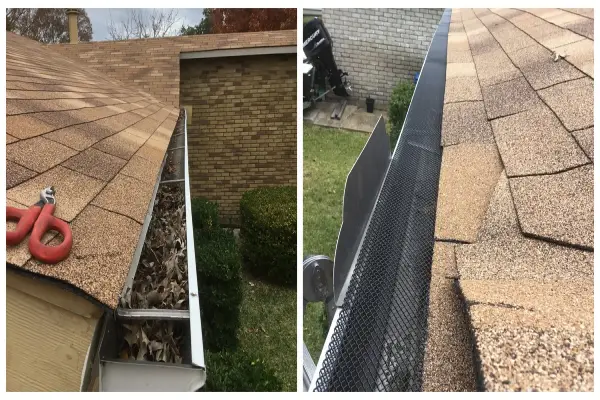 The gutters on a home before and after a gutter guard has been installed by Mr. Handyman.