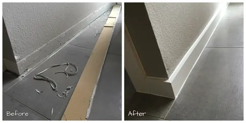 The bottom of a home’s interior wall before and after new baseboards have been installed by a finish carpenter in Frisco, TX
