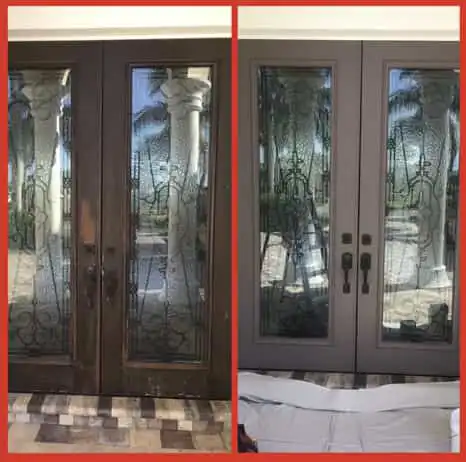 A front door before and after being replaced by Mr. Handyman of Naples, Marco Island and Immokalee.