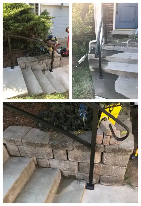 An exterior set of concrete stairs with metal handrail, installed by Mr. Handyman of Northern Virginia - Arlington to Haymarket.