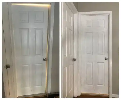 A white interior door before and after being repaired by Mr. Handyman.