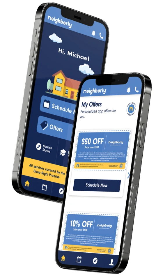 Pair of smartphones displaying Neighborly app homepage and coupons on-screen.