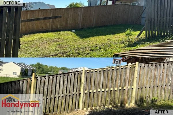 Before and after vinyl fence repair by Mr. Handyman of Northern St Joseph and Elkhart Counties.