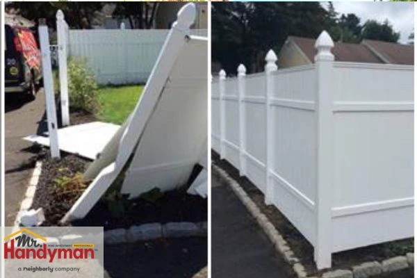 Before and after vinyl fence repair by Mr. Handyman of Northern St Joseph and Elkhart Counties.