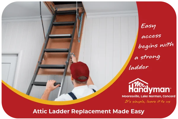 Worker adjusting foldable attic ladder.