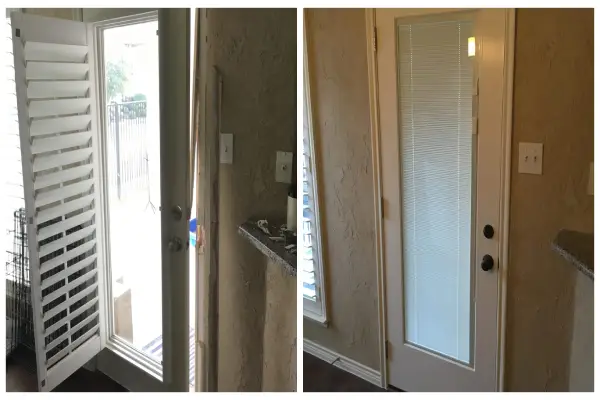 A home’s door before and after the frame has been repaired with Mr. Handyman’s services for door repairs in Denton, TX.