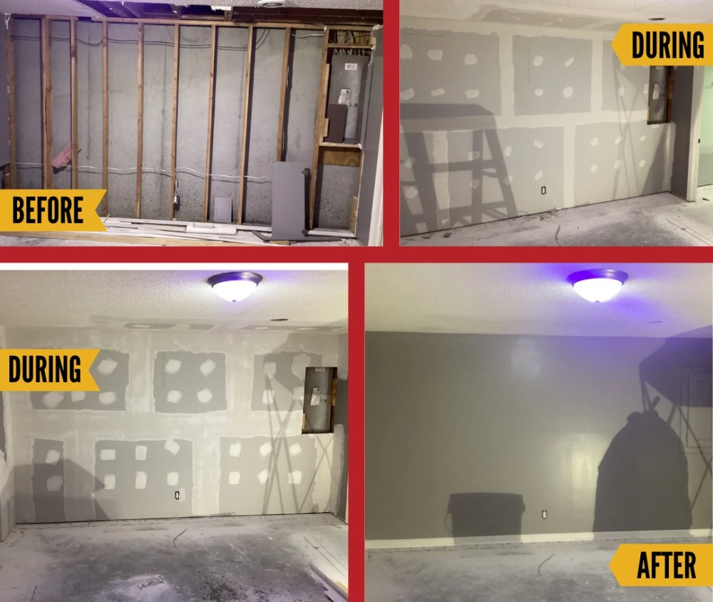 Before and after photos showcasing drywall repair by Mr. Handyman.