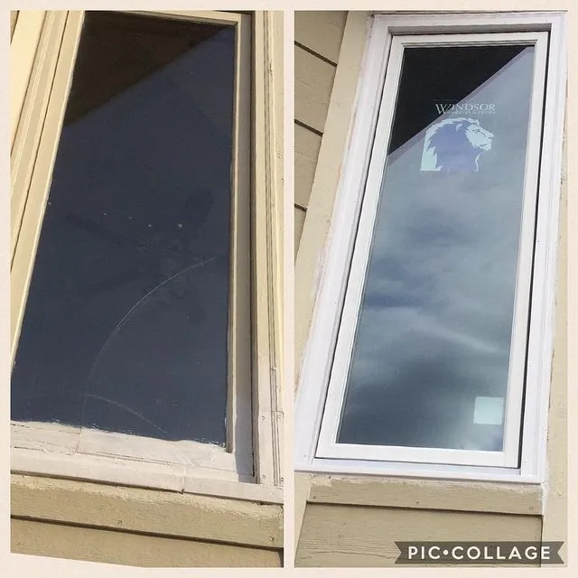 The damaged exterior window of a home before and after window replacement has been completed by Mr. Handyman.