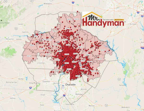 Static map of locations served by Mr. Handyman of Moorsville Lake Norman Concord