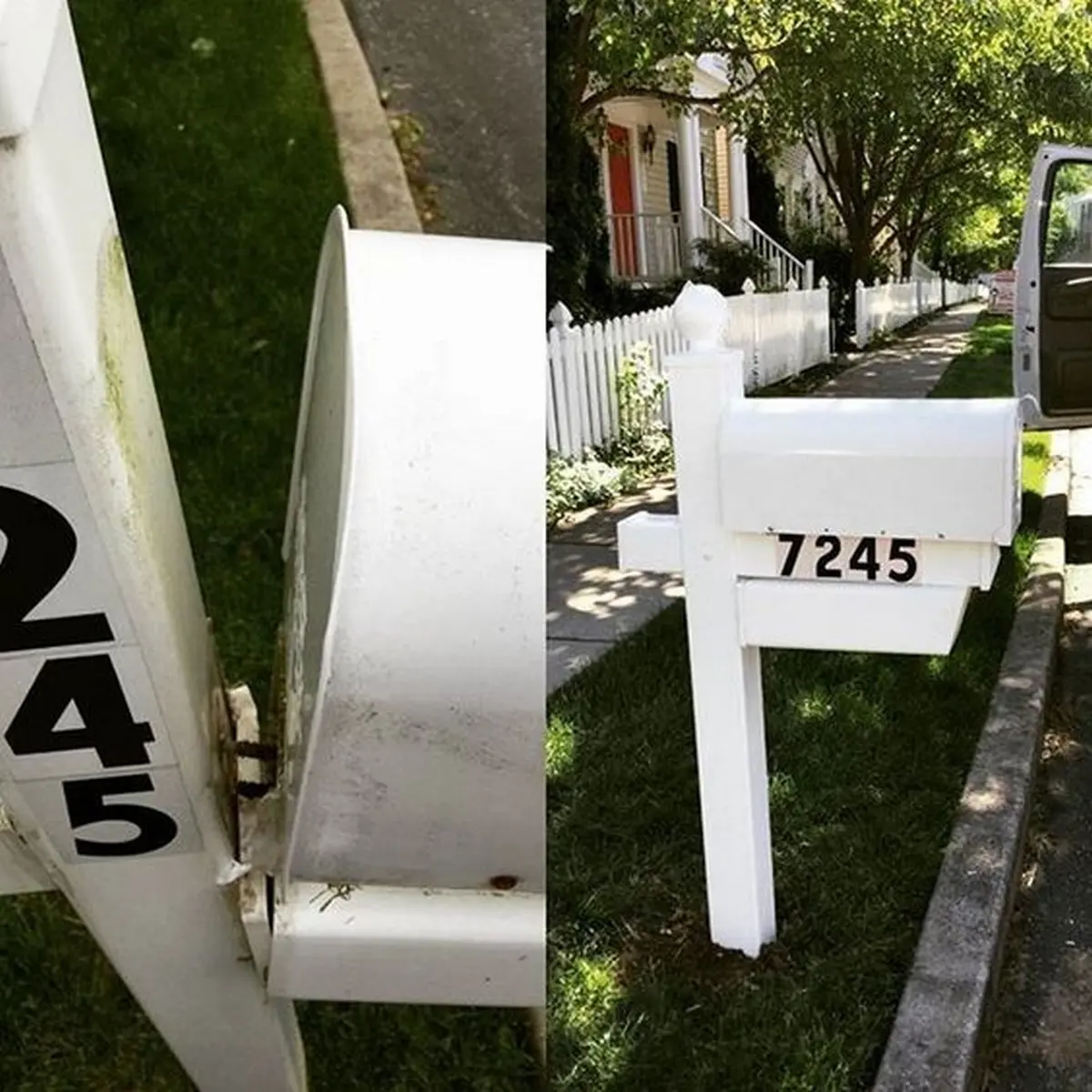 Before and after photos showcasing mailbox repair services by Mr. Handyman in Reading.
