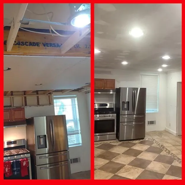 A kitchen ceiling with several large sections missing and the same ceiling after it has been repaired and refinished by Mr. Handyman.