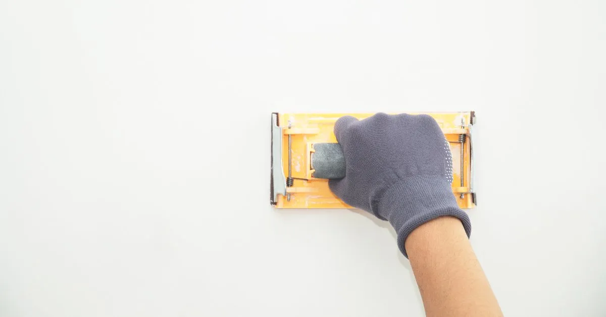 A hand holding a sanding plane and using it to smooth out part of a wall where drywall repairs have been completed.