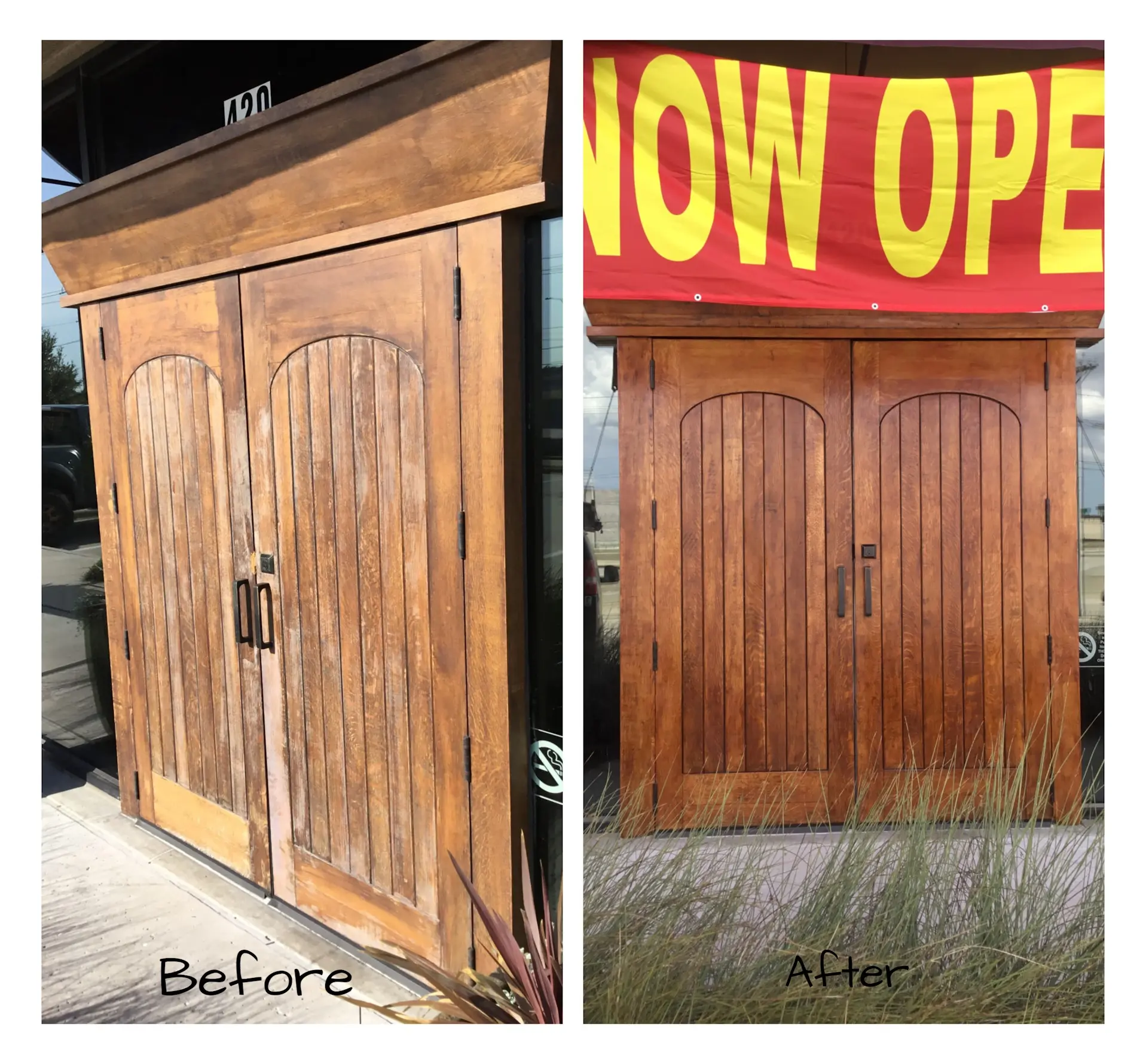 A set of two, old wooden doors at the front of a business before and after they have been refinished by Mr. Handyman.