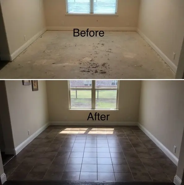 Before and after photos of floor repair peformed by Mr. Handyman of Frisco.